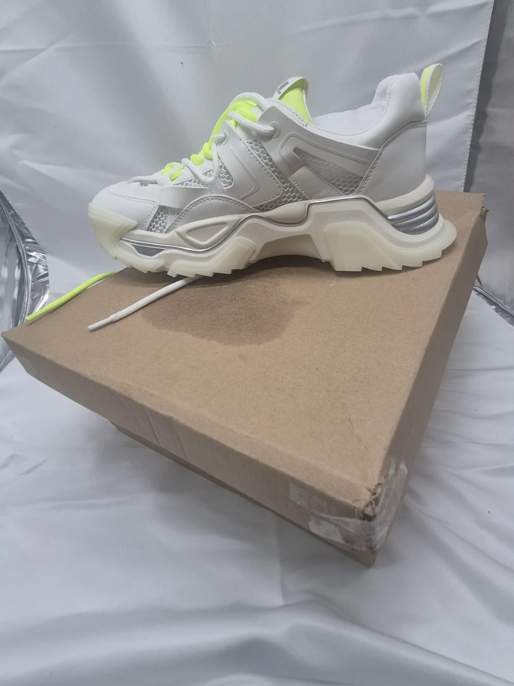 Madden White Platform Sneaker with Neon Yellow Eyelet Detail